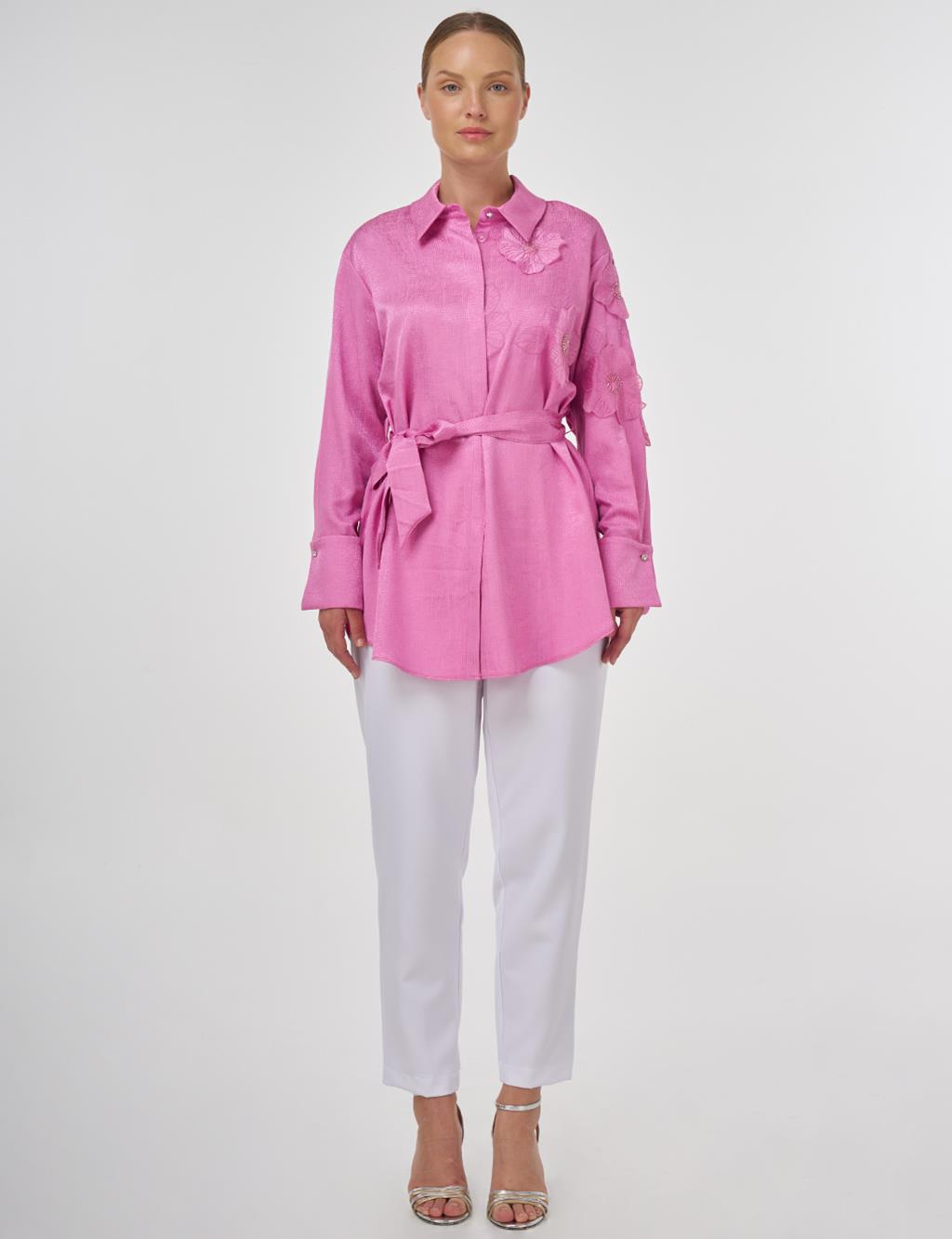 Floral Appliqué Satin Tunic in Candy Pink