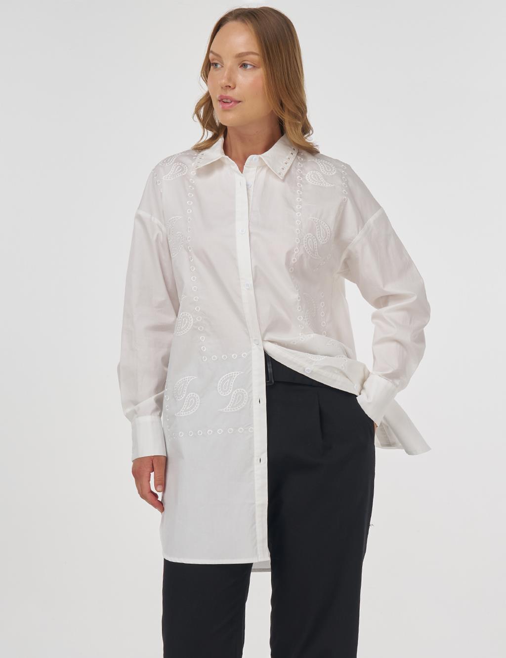 Embroidered Shirt Collar Tunic in Ecru