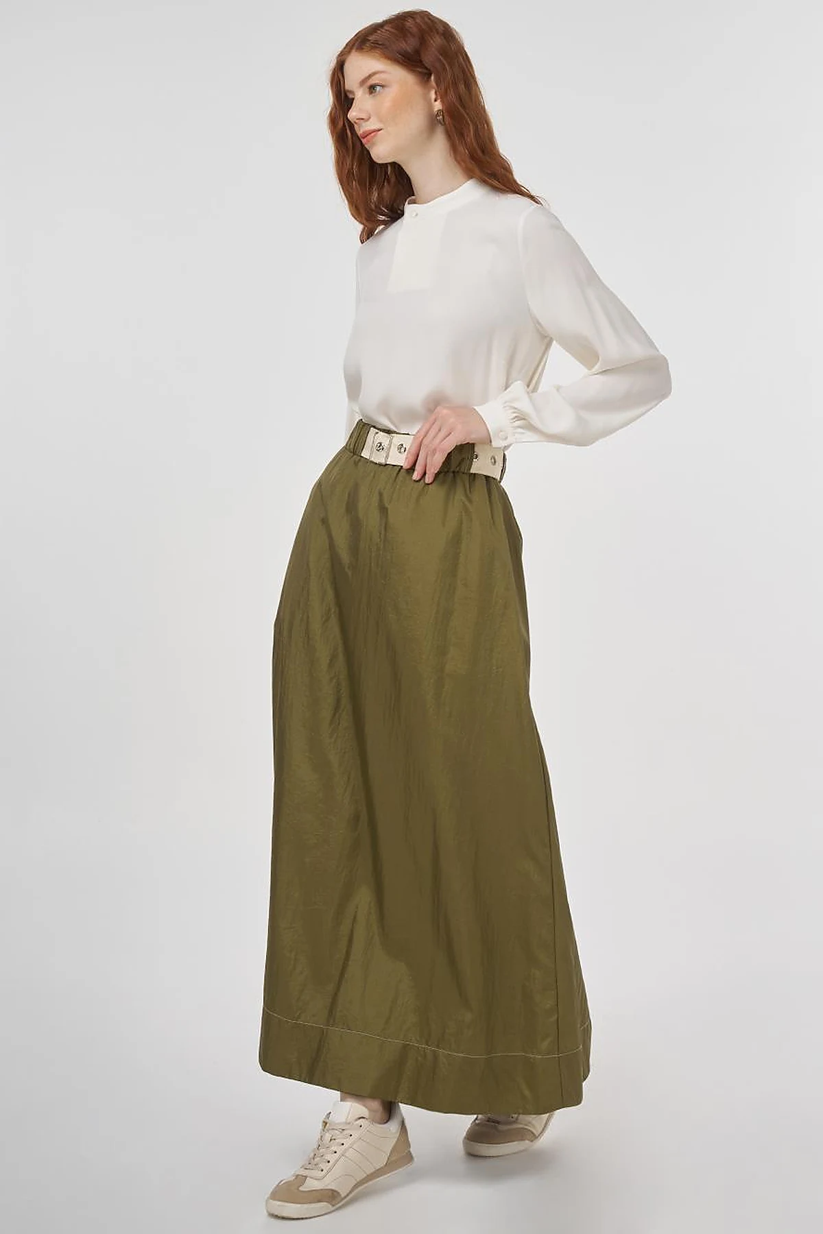 Flared Skirt with Shiny Texture Khaki