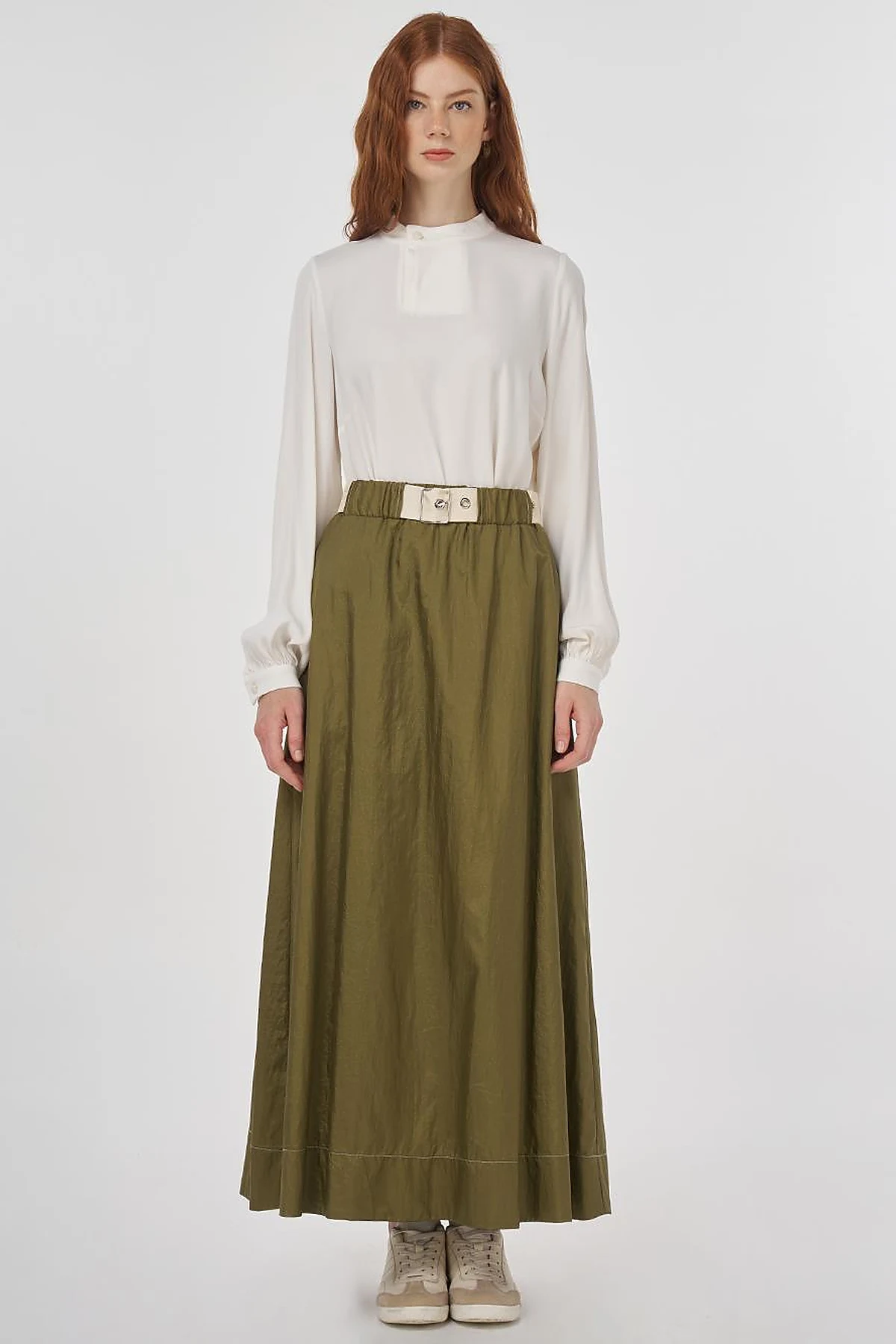Flared Skirt with Shiny Texture Khaki