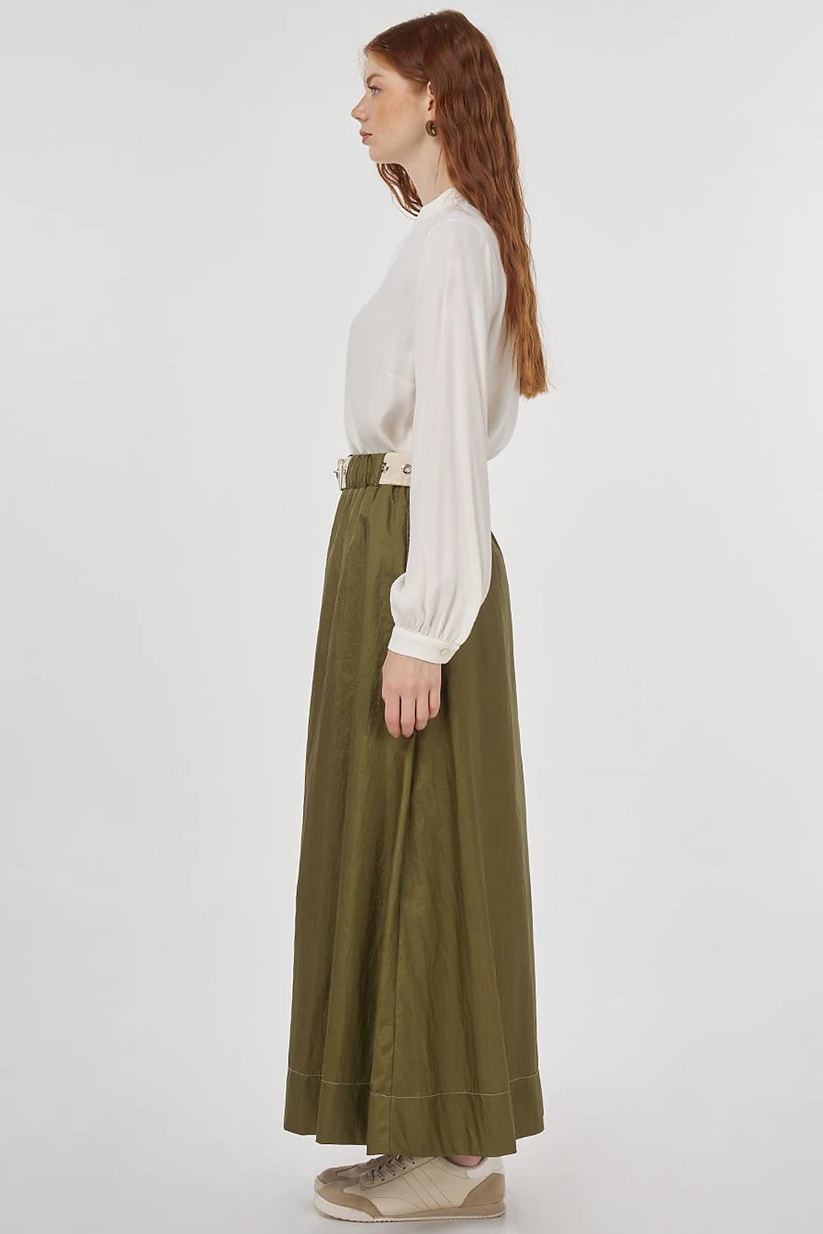 Flared Skirt with Shiny Texture Khaki