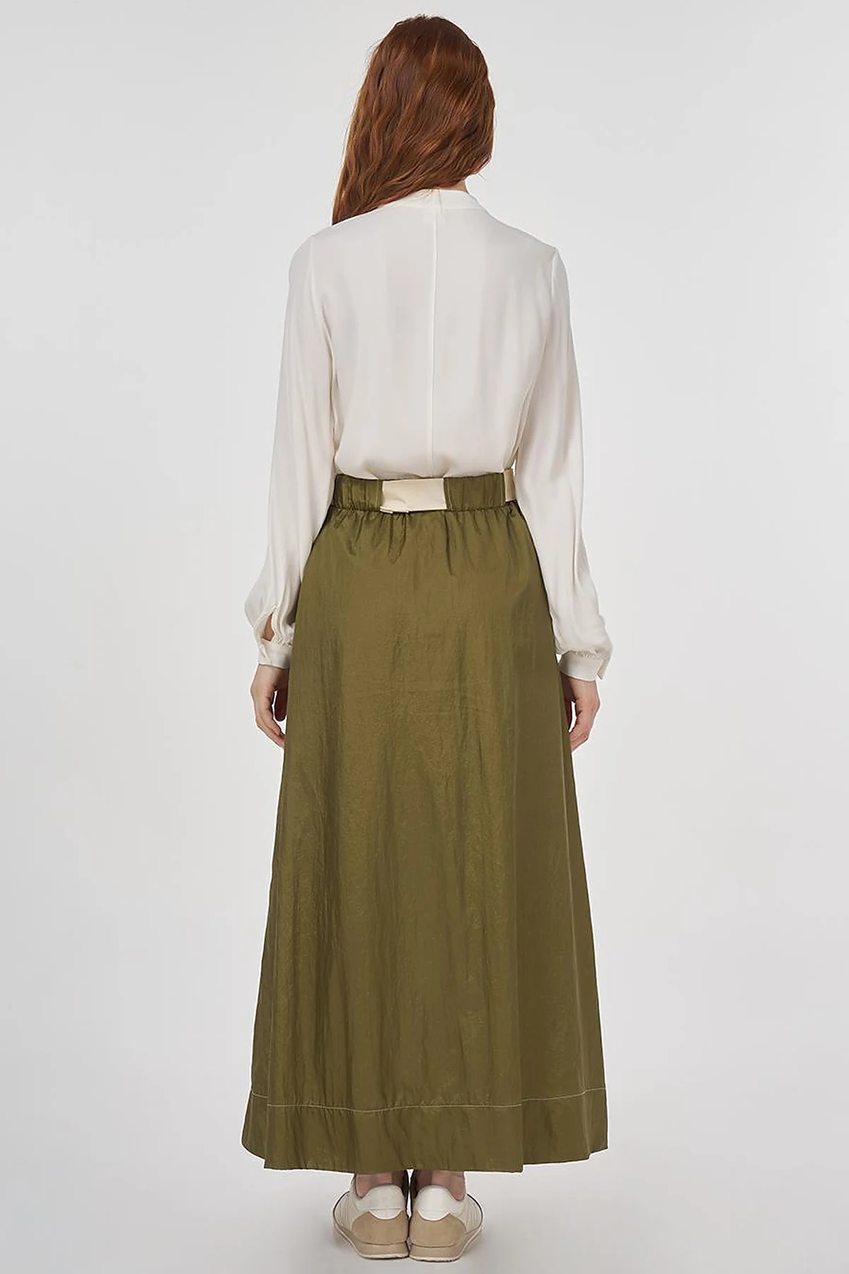 Flared Skirt with Shiny Texture Khaki