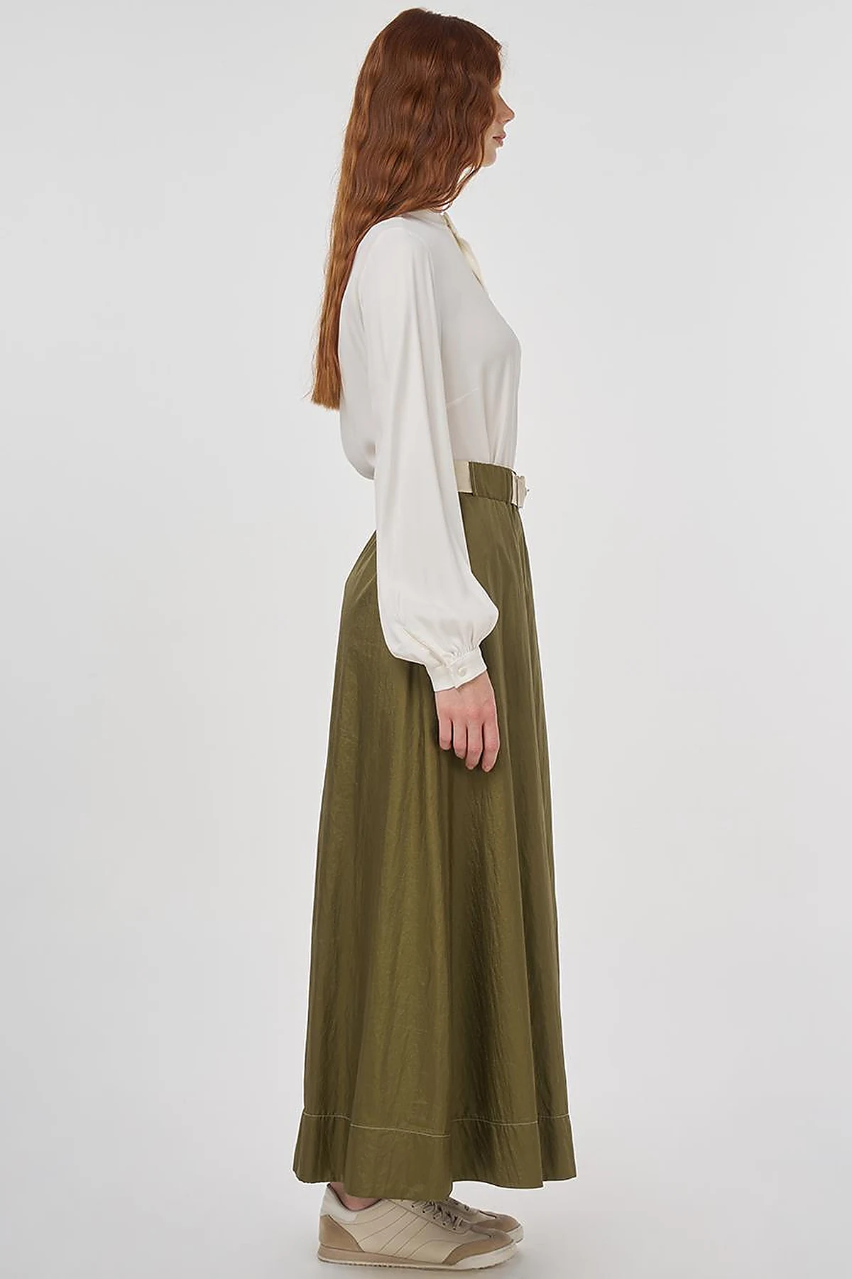Flared Skirt with Shiny Texture Khaki