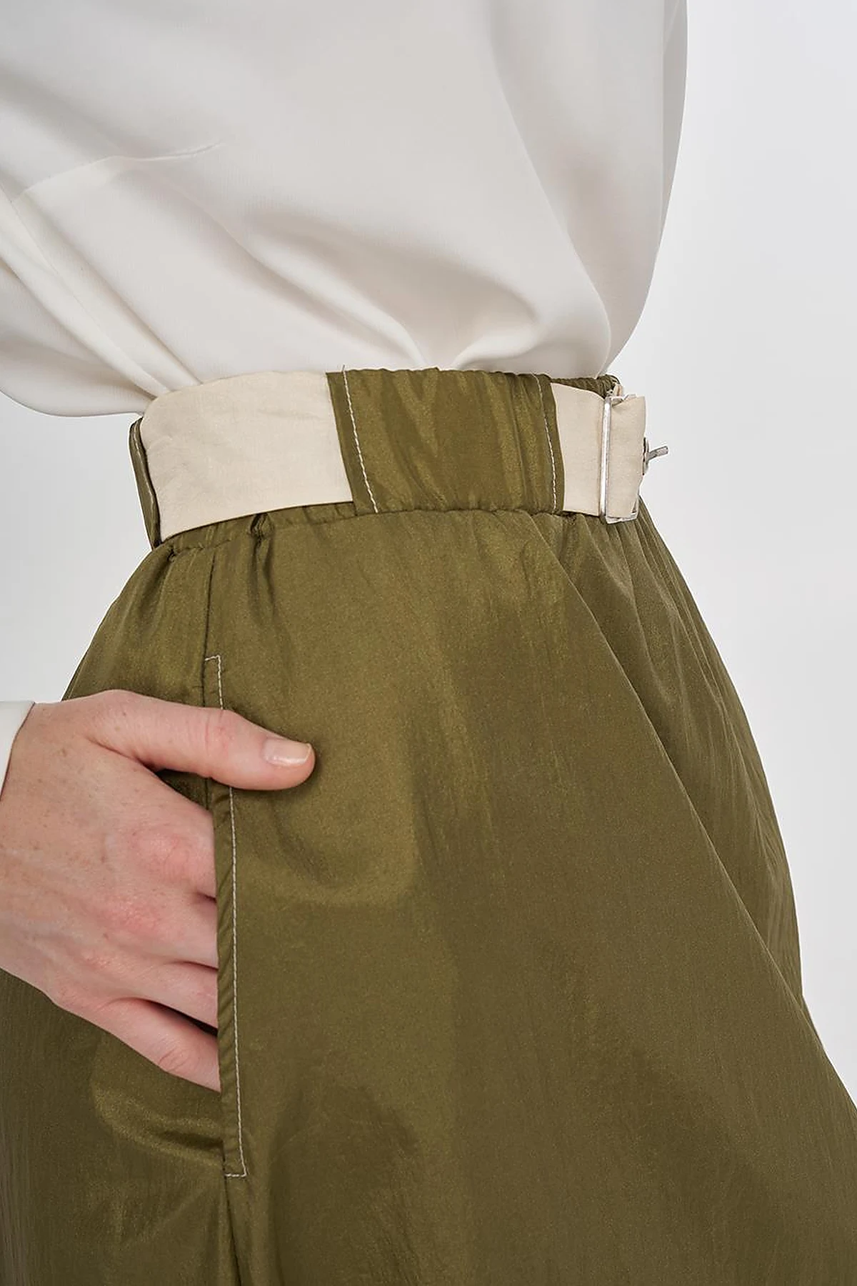 Flared Skirt with Shiny Texture Khaki