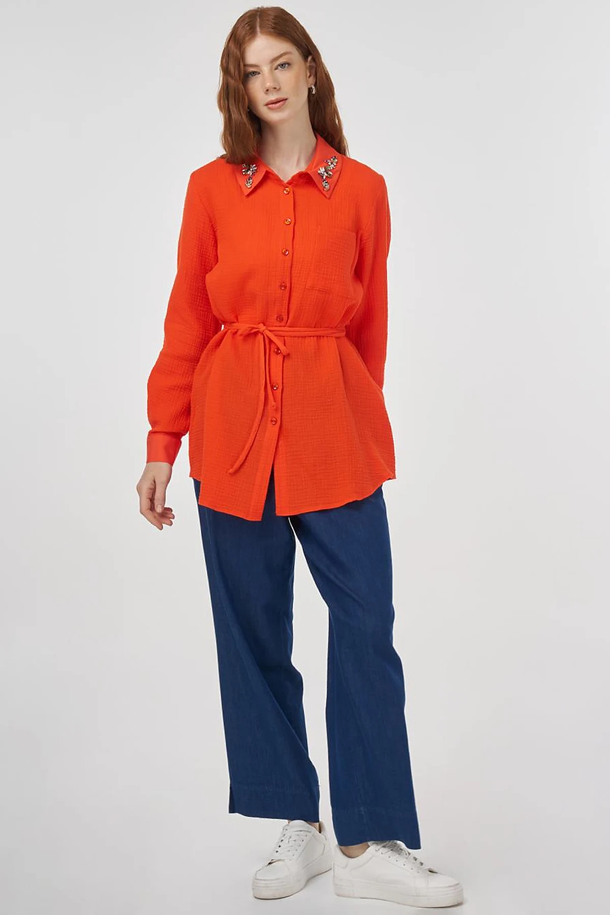 Stone-Embellished Collar Muslin Tunic Coral