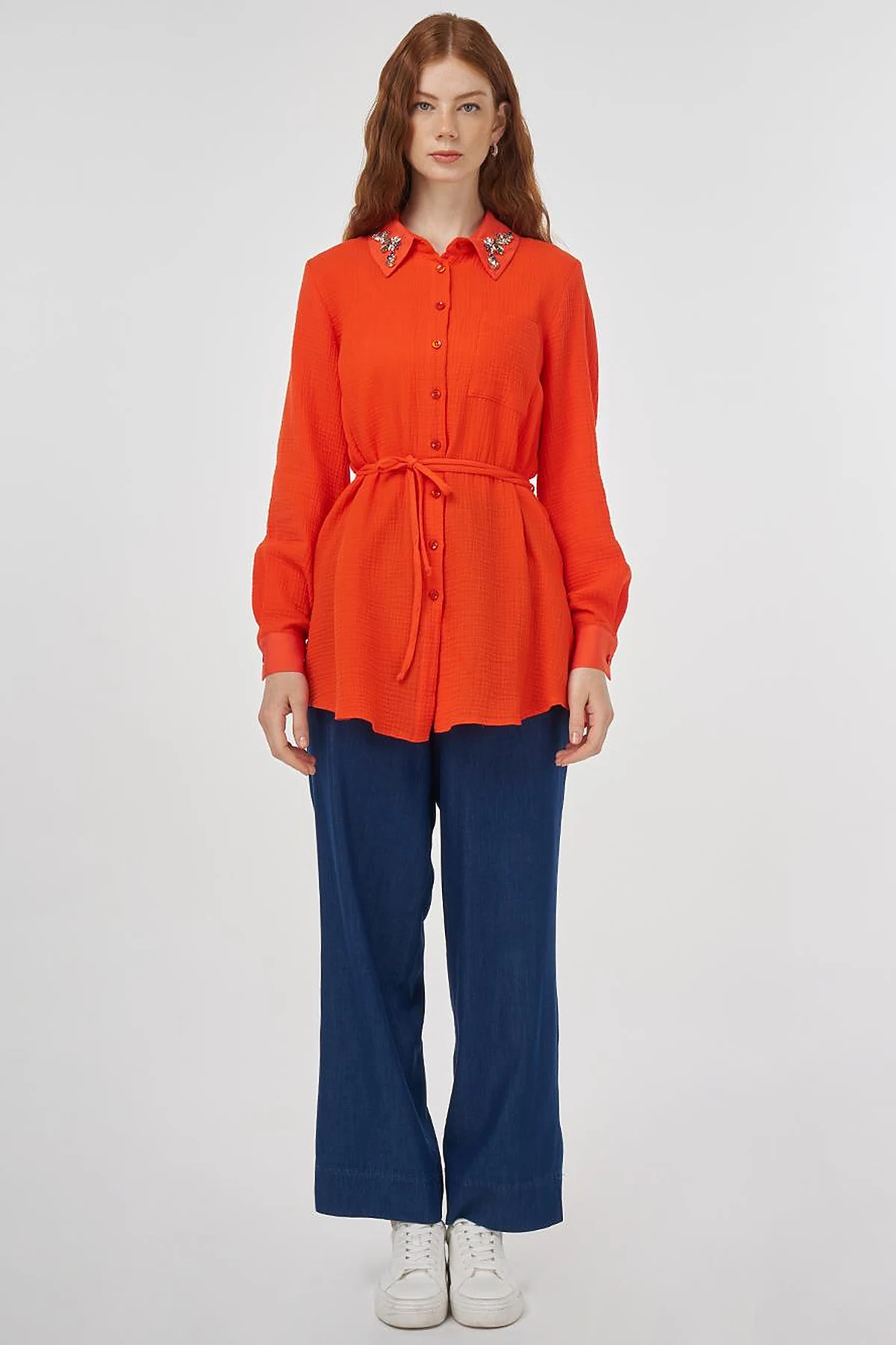 Stone-Embellished Collar Muslin Tunic Coral