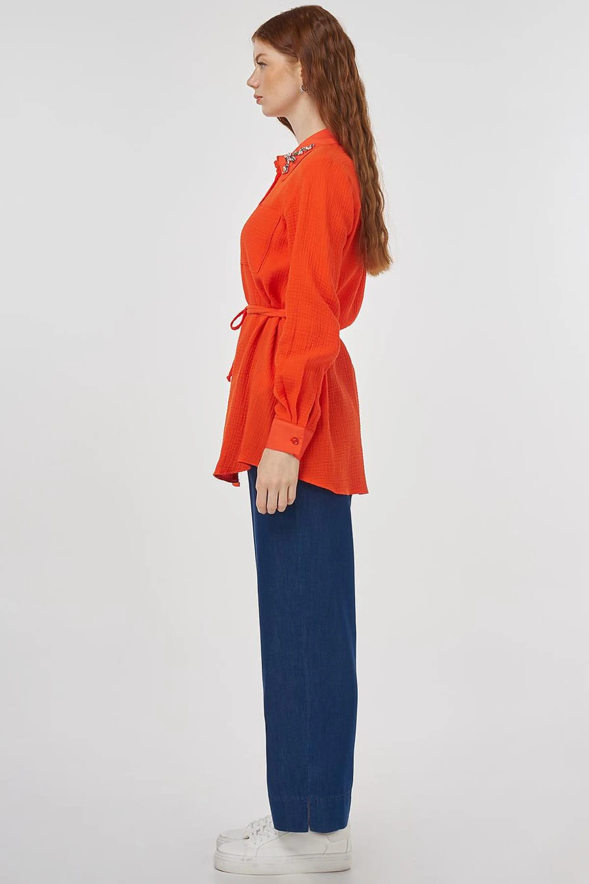 Stone-Embellished Collar Muslin Tunic Coral