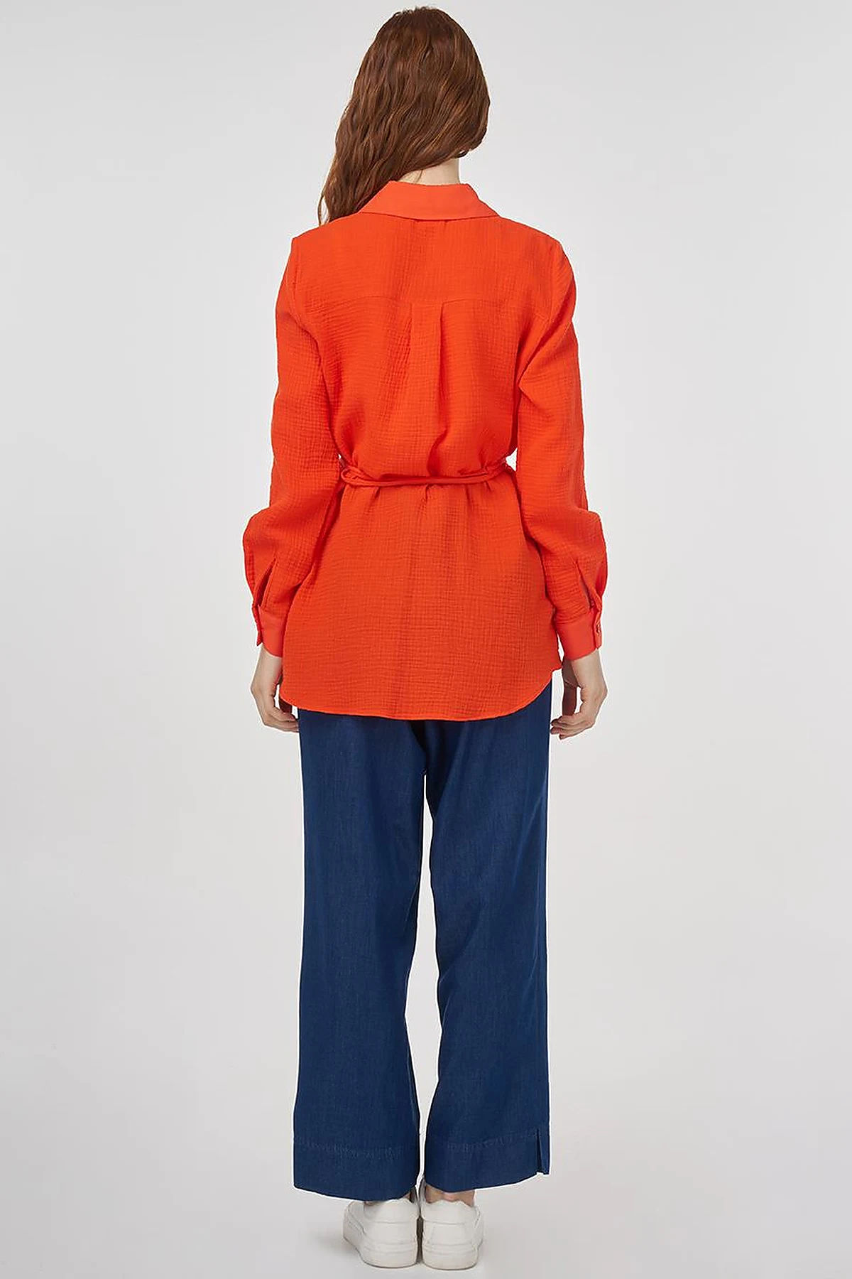 Stone-Embellished Collar Muslin Tunic Coral