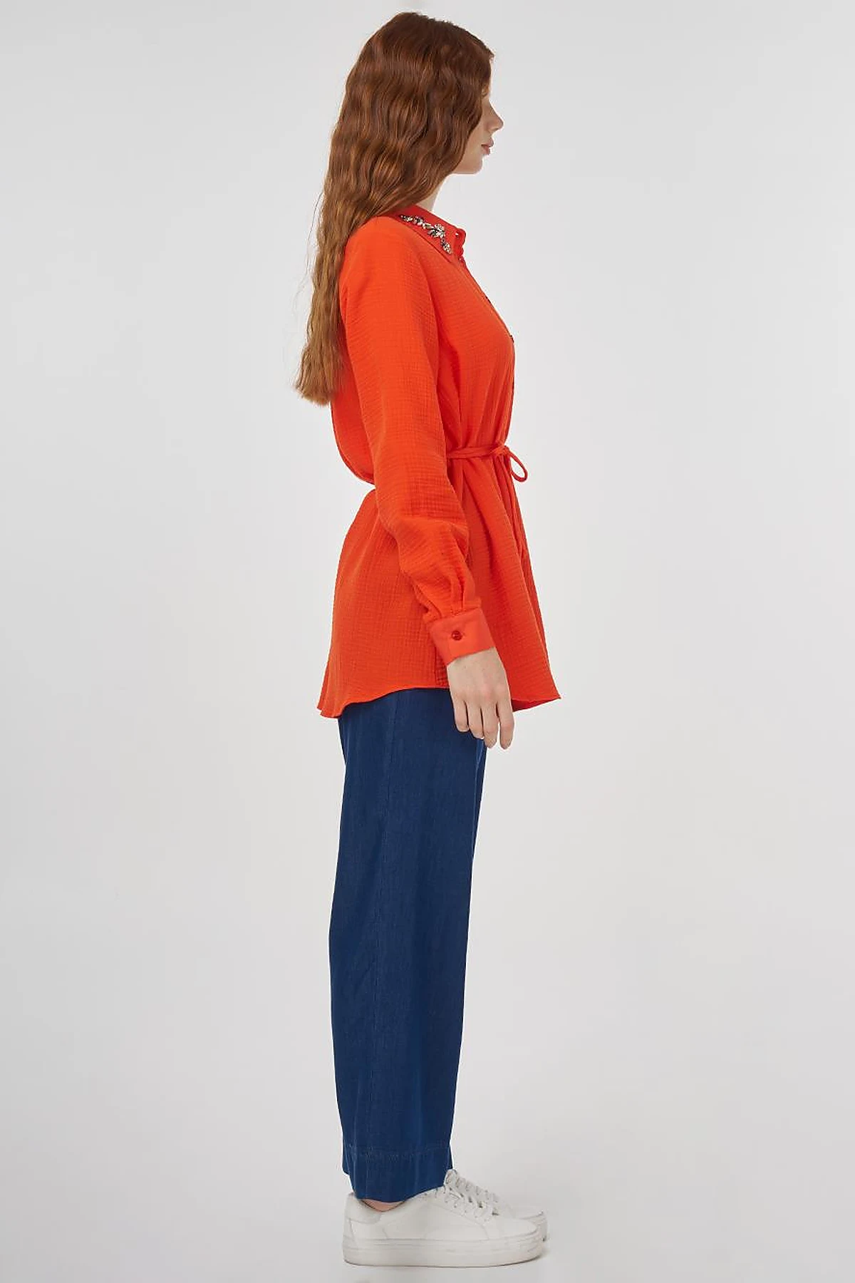Stone-Embellished Collar Muslin Tunic Coral