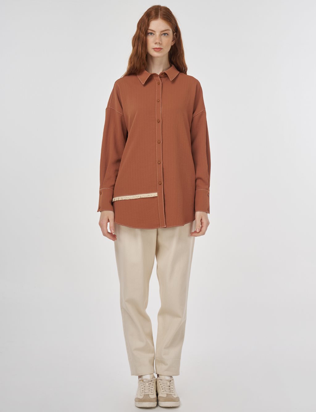 Frayed Asymmetric Cut Tunic in Tobacco