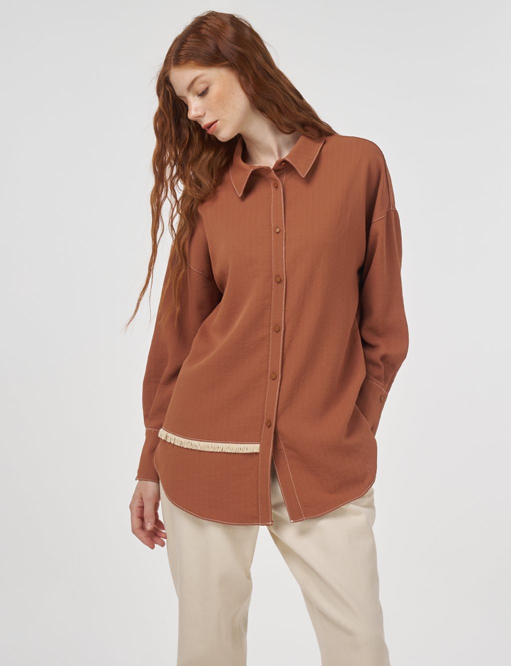 Frayed Asymmetric Cut Tunic in Tobacco