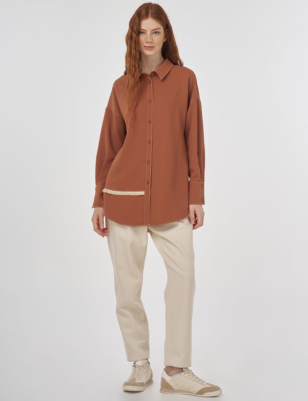 Frayed Asymmetric Cut Tunic in Tobacco