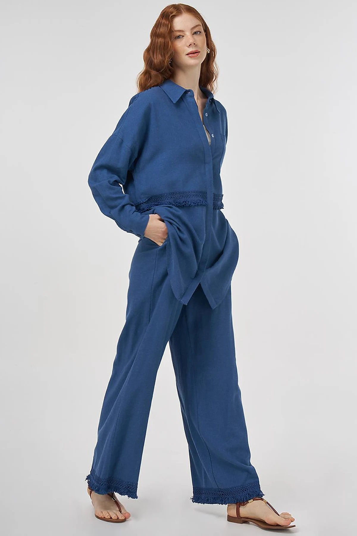 Lace-Trimmed Linen-Viscose Two-Piece Set Indigo 