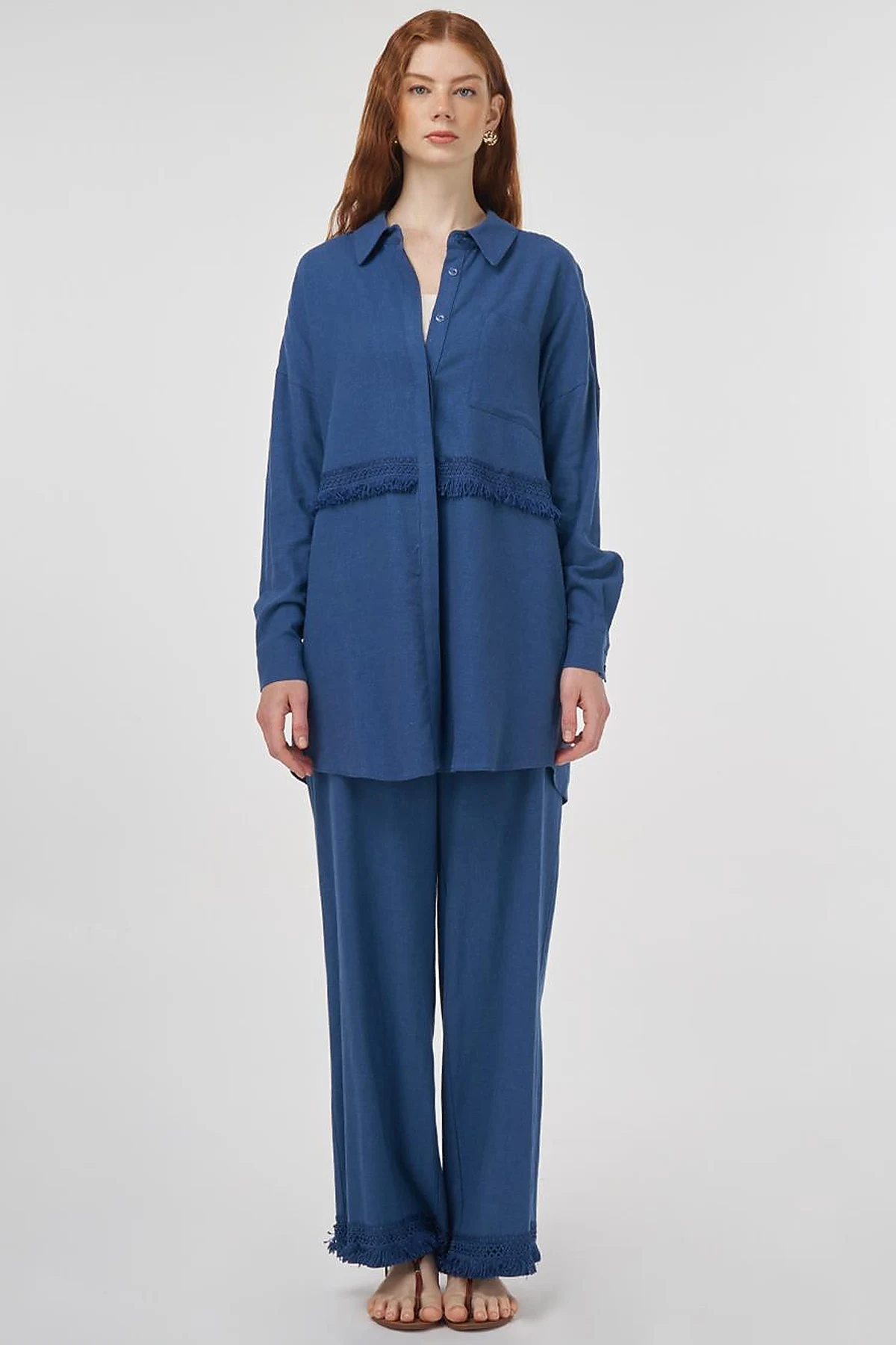 Lace-Trimmed Linen-Viscose Two-Piece Set Indigo 