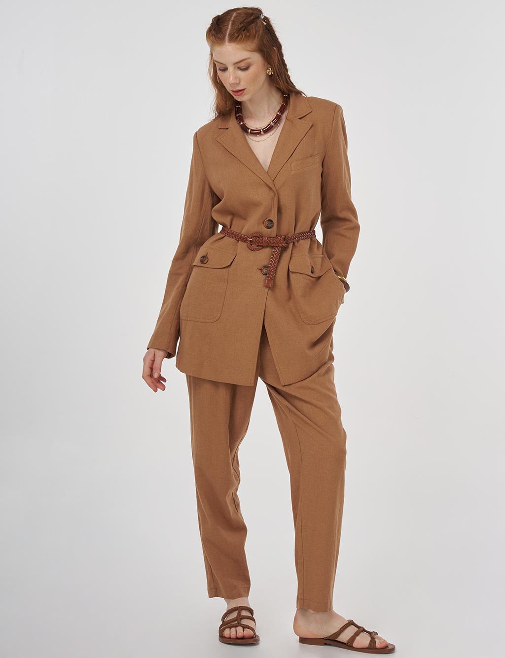 Pocket Detailed Linen-Viscose Two-Piece Set Camel