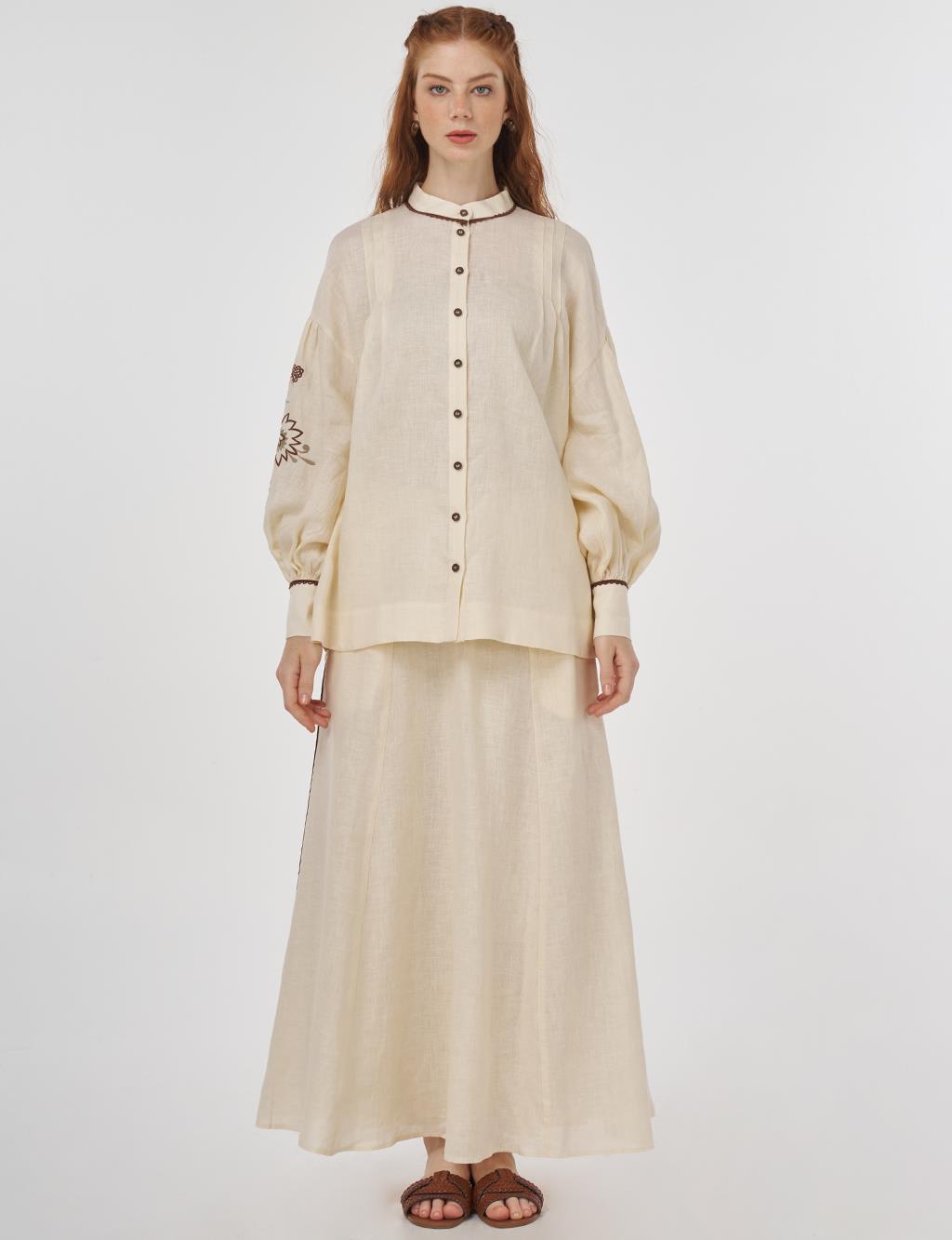 100% Linen Embroidered Two-Piece Set Cream