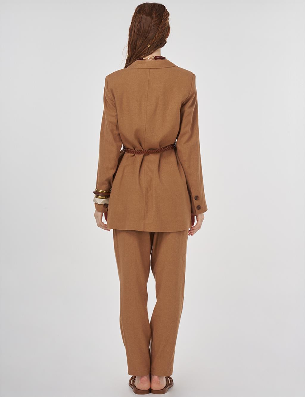 Pocket Detailed Linen-Viscose Two-Piece Set Camel