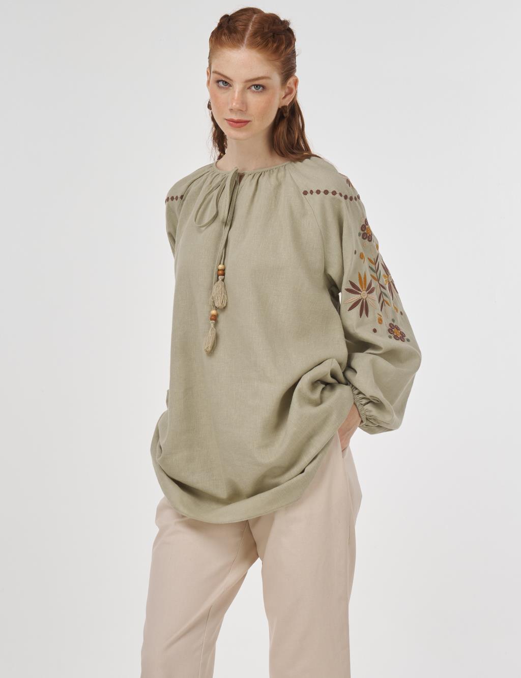 Drawstring Linen Viscose Blouse Mold Green