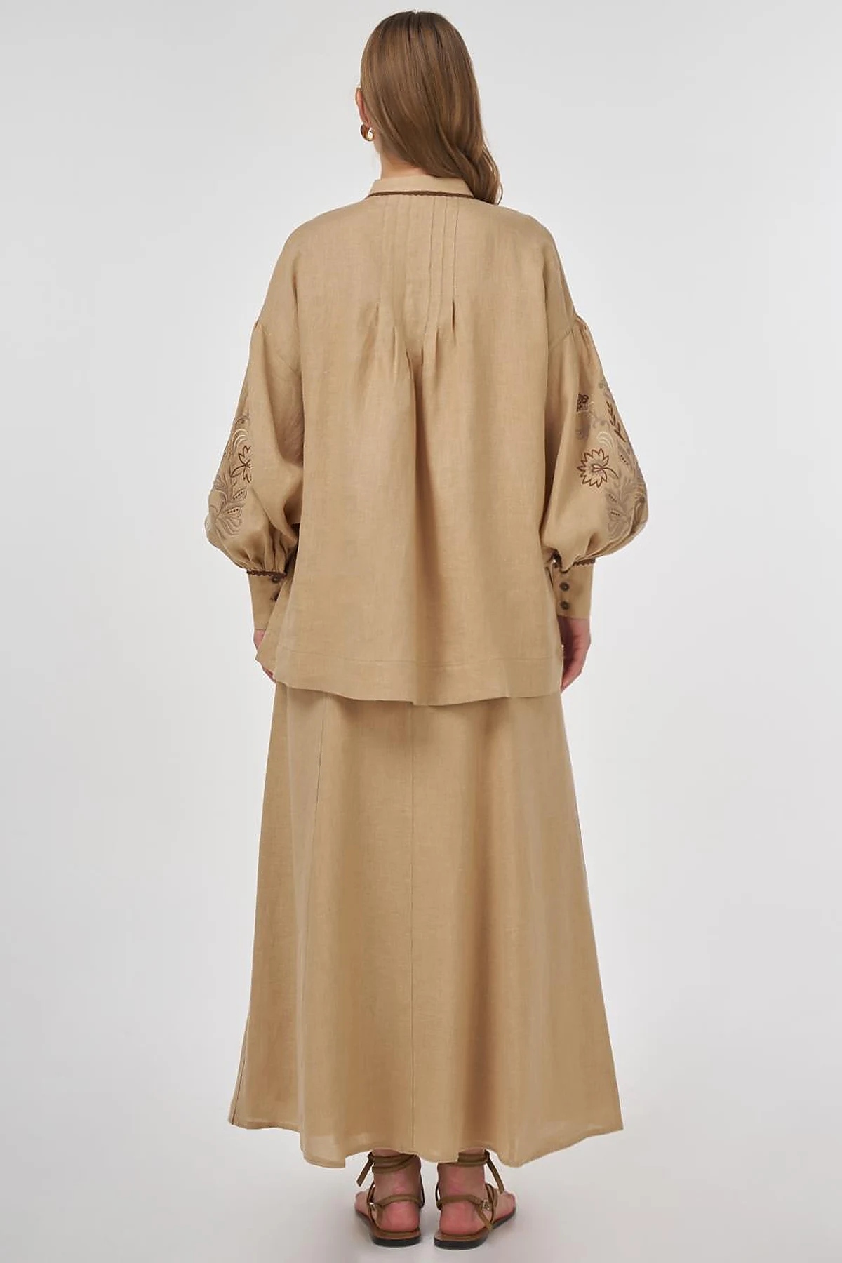 100% Linen Embroidered Two-Piece Set Beige