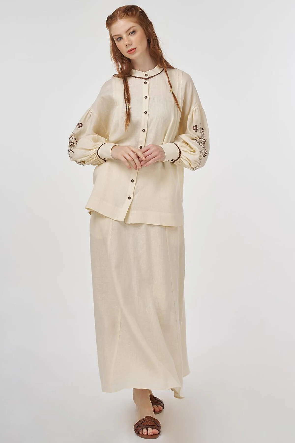 100% Linen Embroidered Two-Piece Set Cream