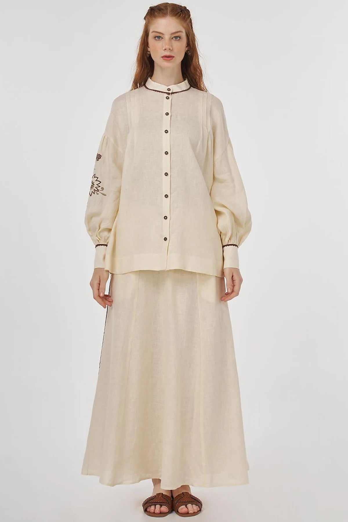 100% Linen Embroidered Two-Piece Set Cream
