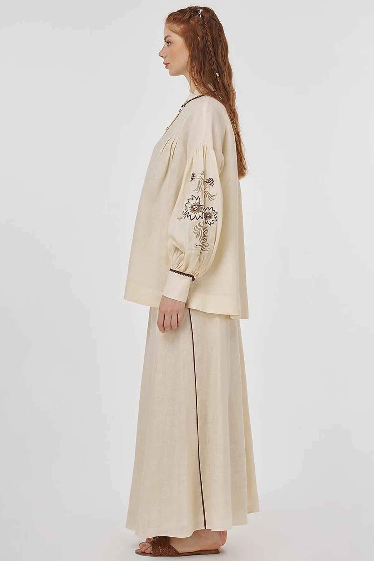 100% Linen Embroidered Two-Piece Set Cream