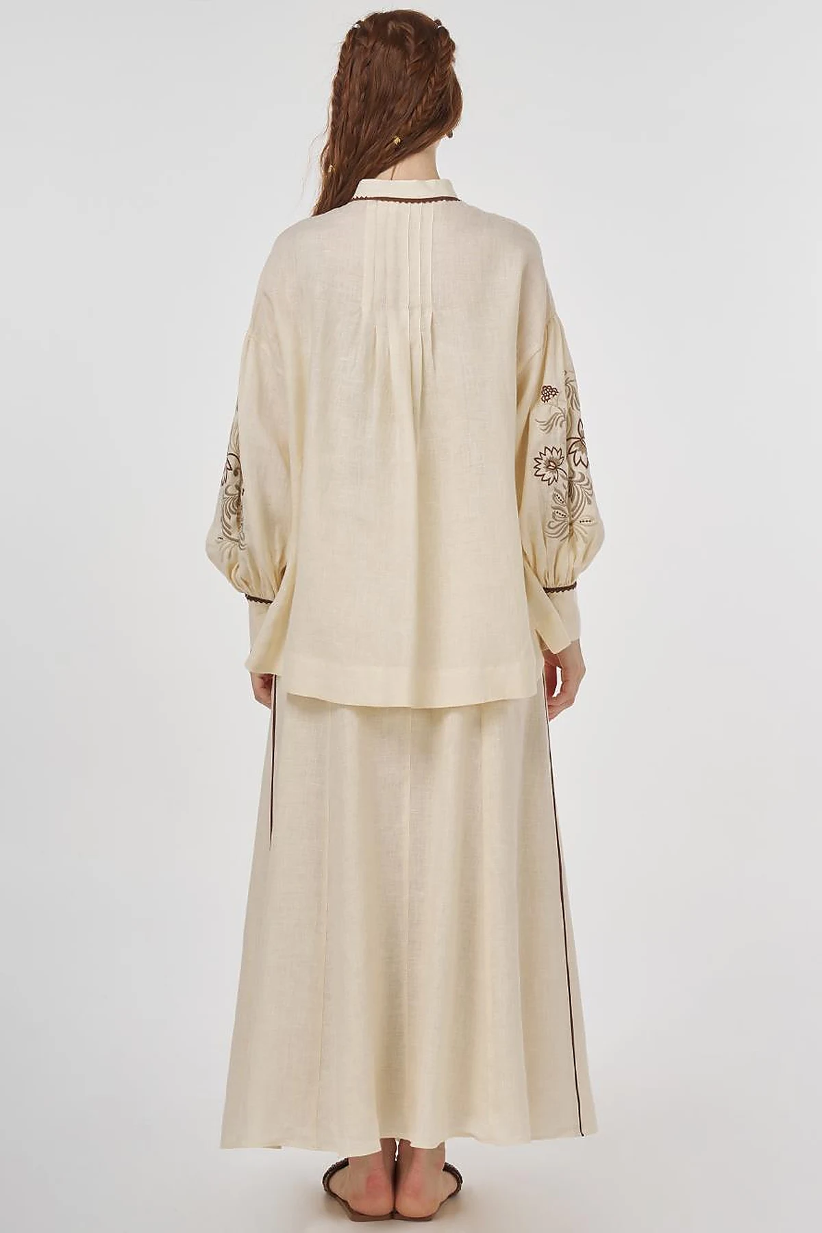 100% Linen Embroidered Two-Piece Set Cream