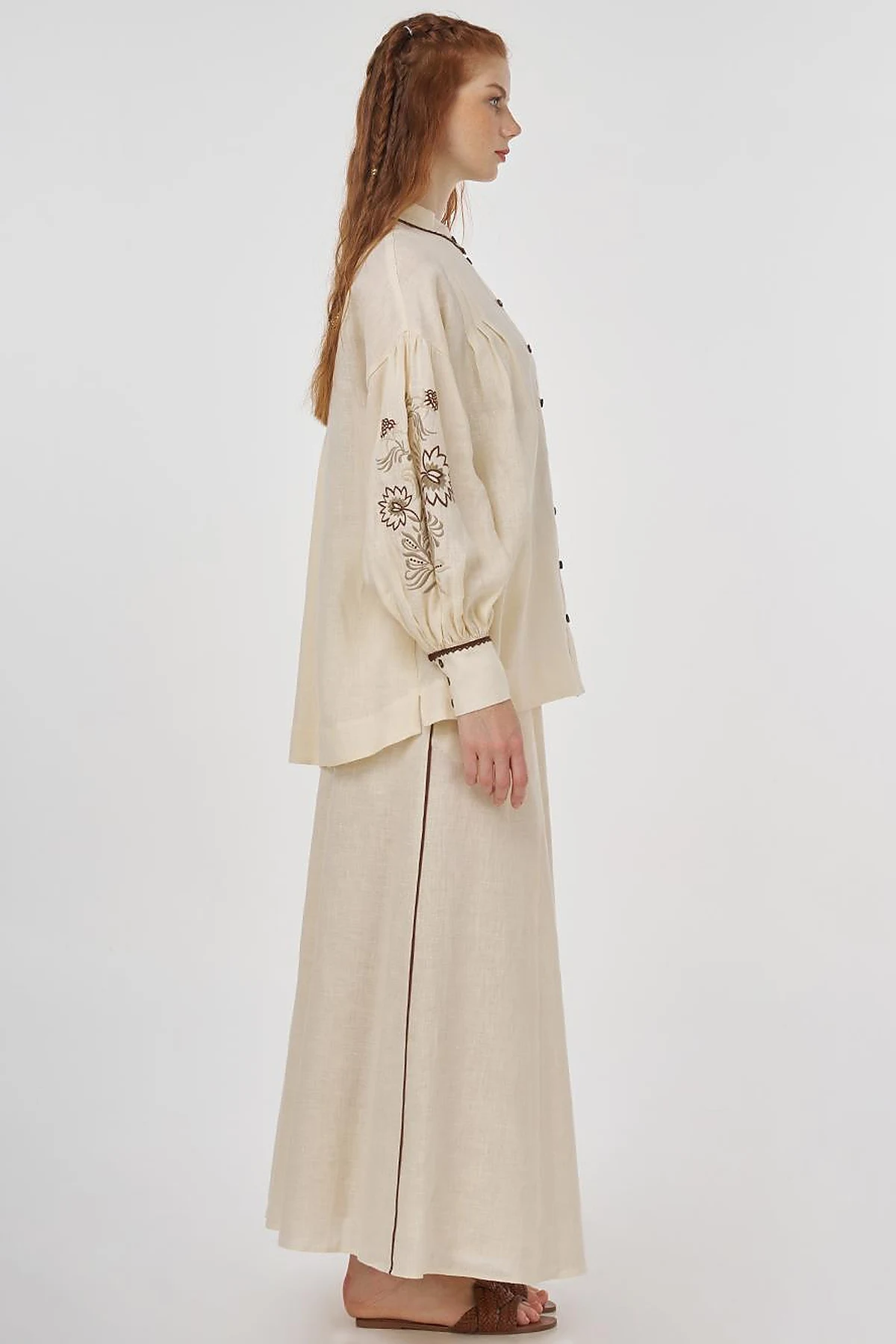 100% Linen Embroidered Two-Piece Set Cream