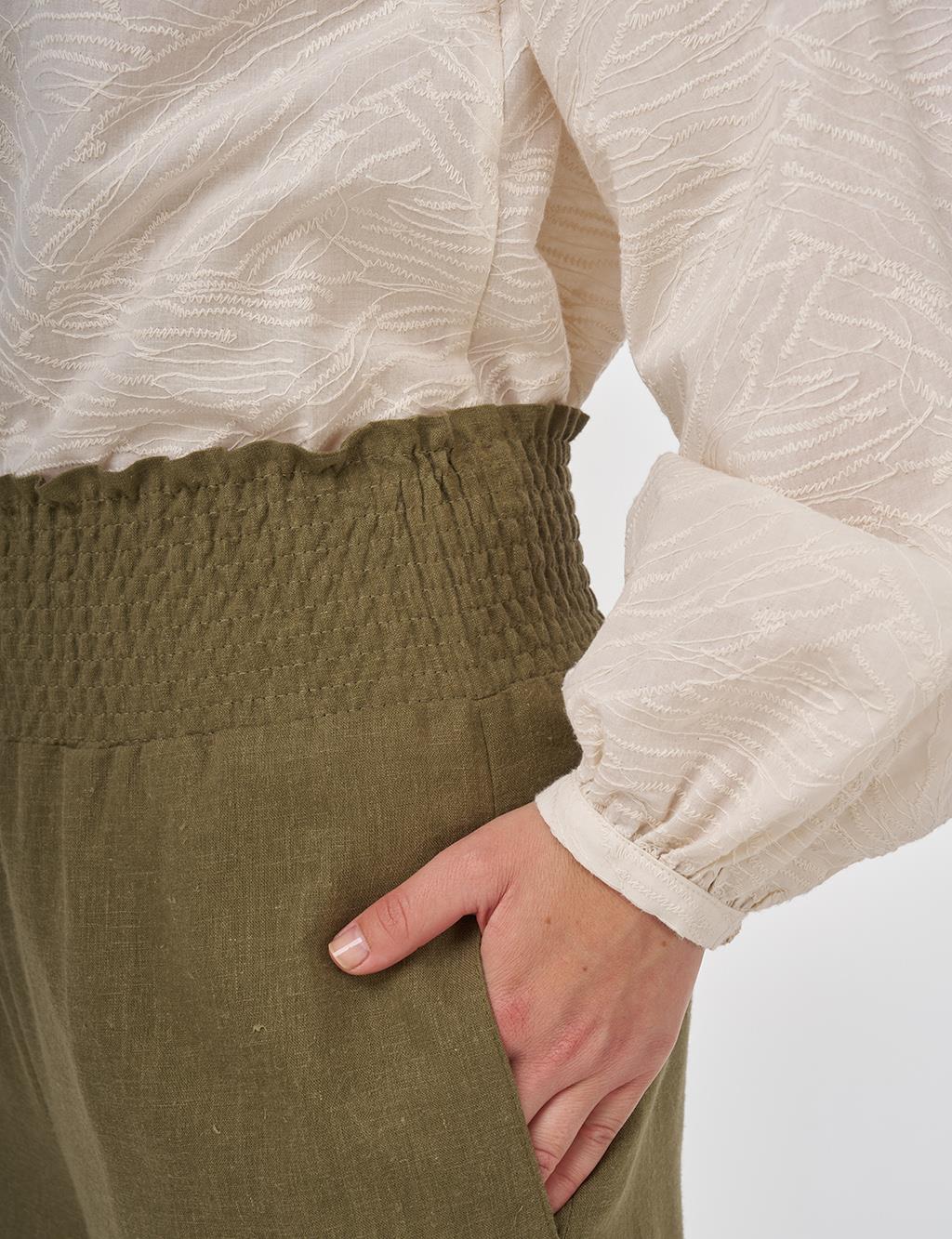 Smocked Stitch Linen-Viscose Pants Khaki 