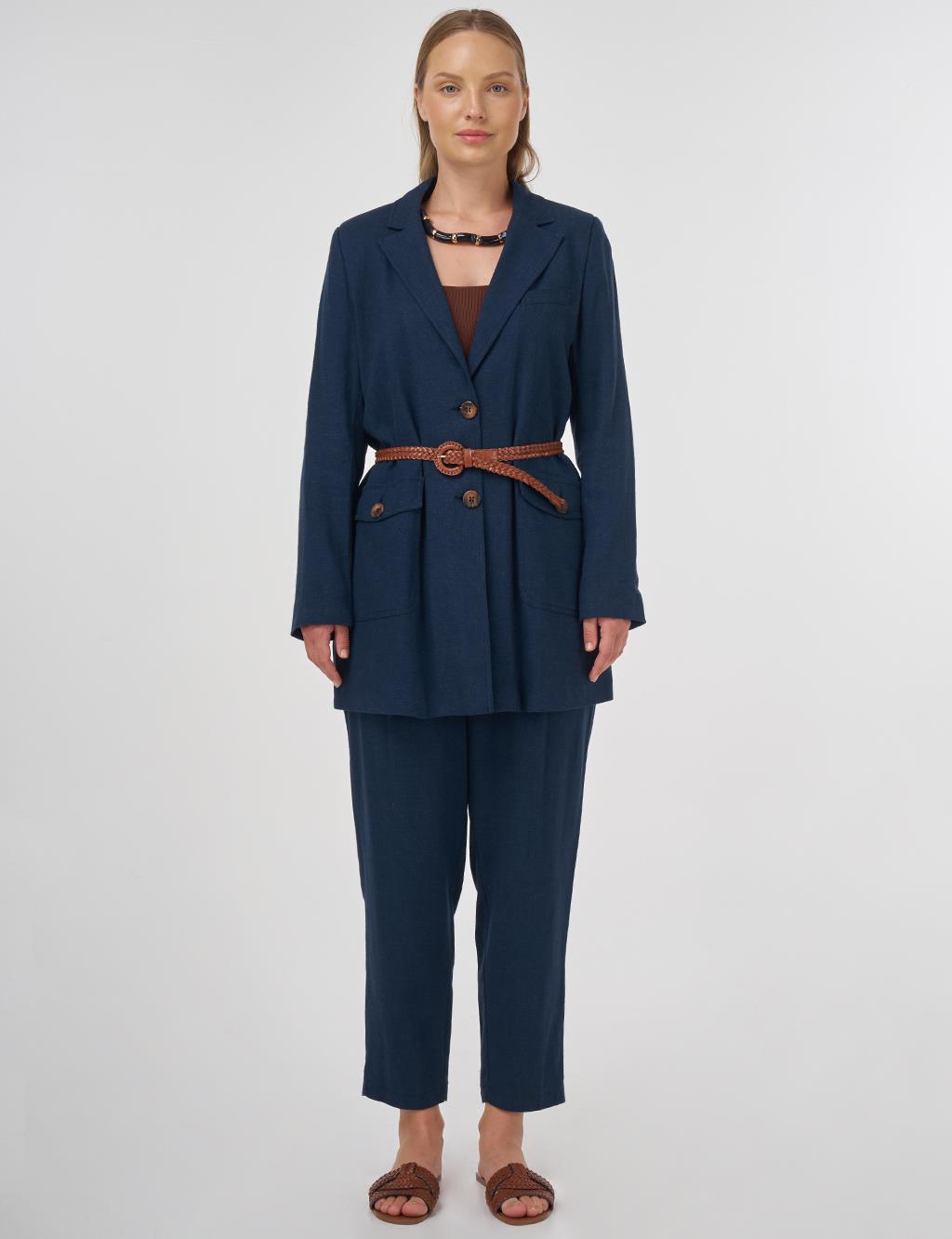 Pocket Detailed Linen-Viscose Two-Piece Set Dark Navy