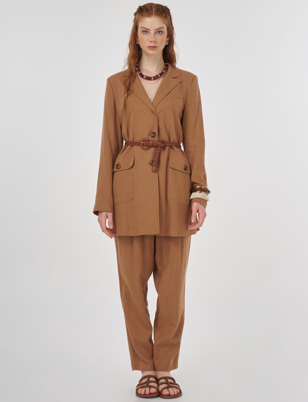 Pocket Detailed Linen-Viscose Two-Piece Set Camel