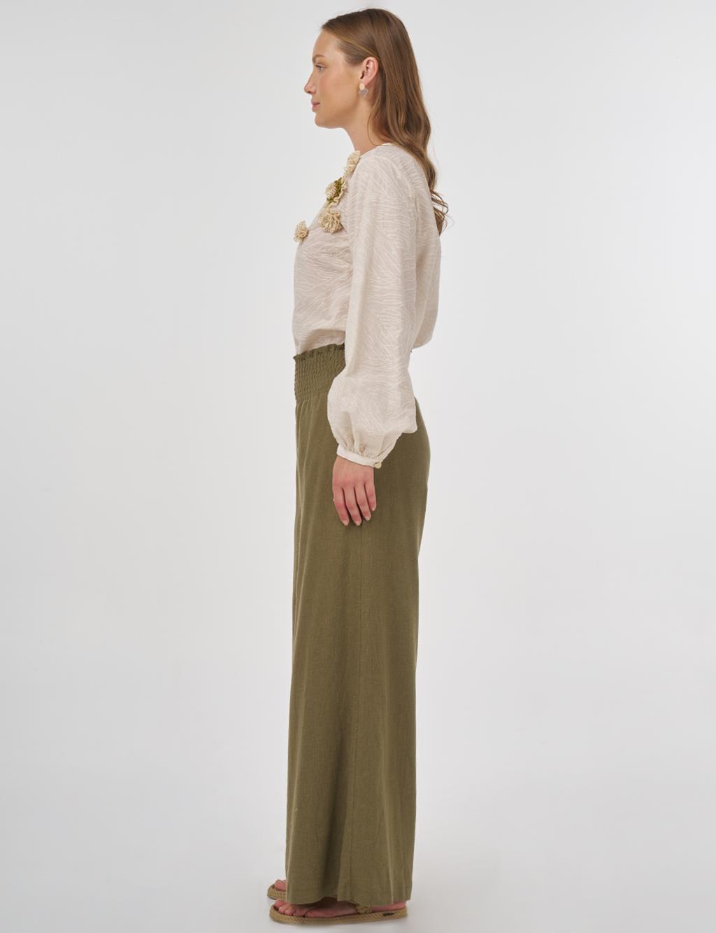 Smocked Stitch Linen-Viscose Pants Khaki 