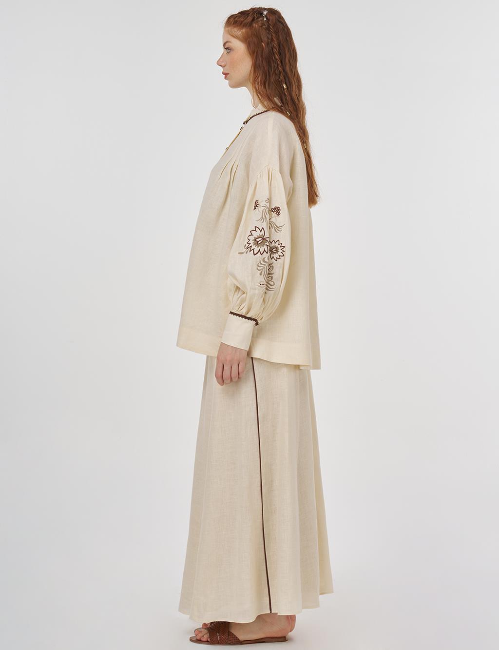 100% Linen Embroidered Two-Piece Set Cream