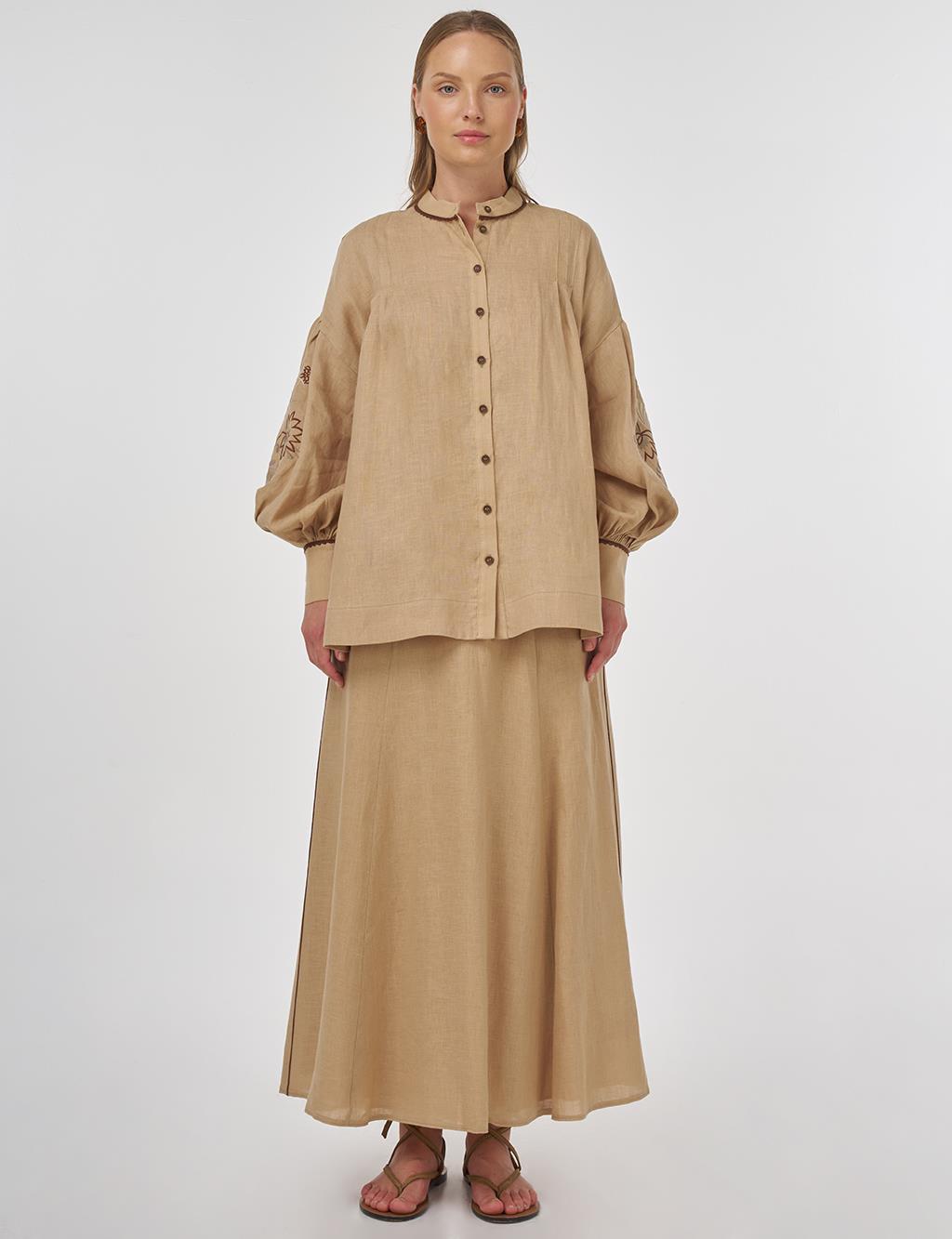 100% Linen Embroidered Two-Piece Set Beige