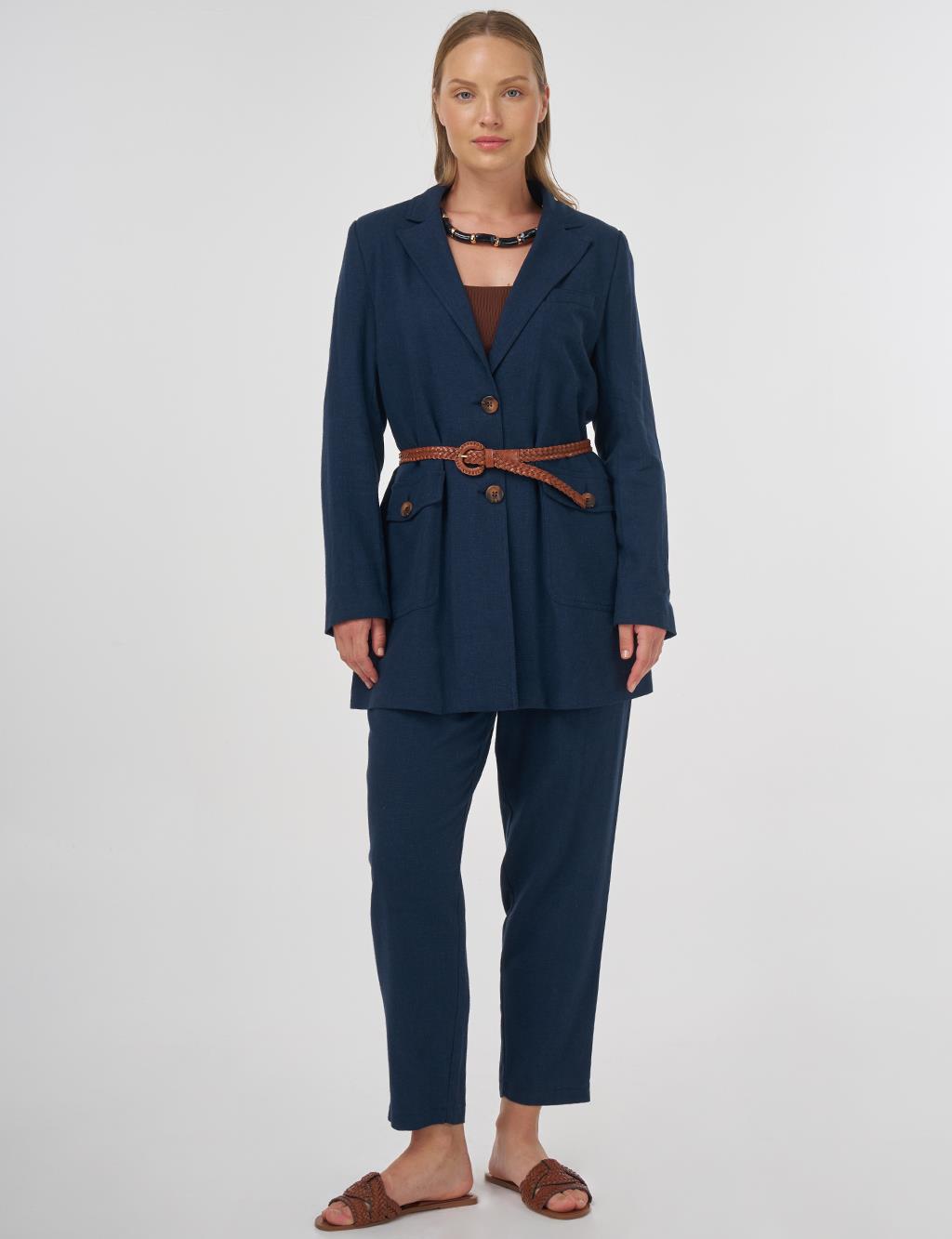 Pocket Detailed Linen-Viscose Two-Piece Set Dark Navy