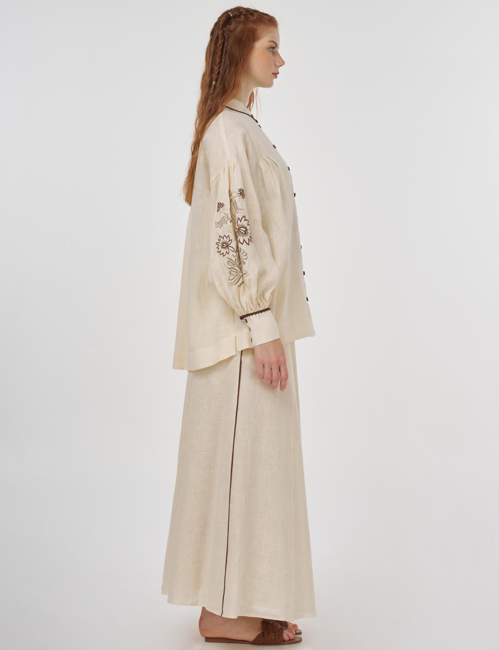 100% Linen Embroidered Two-Piece Set Cream