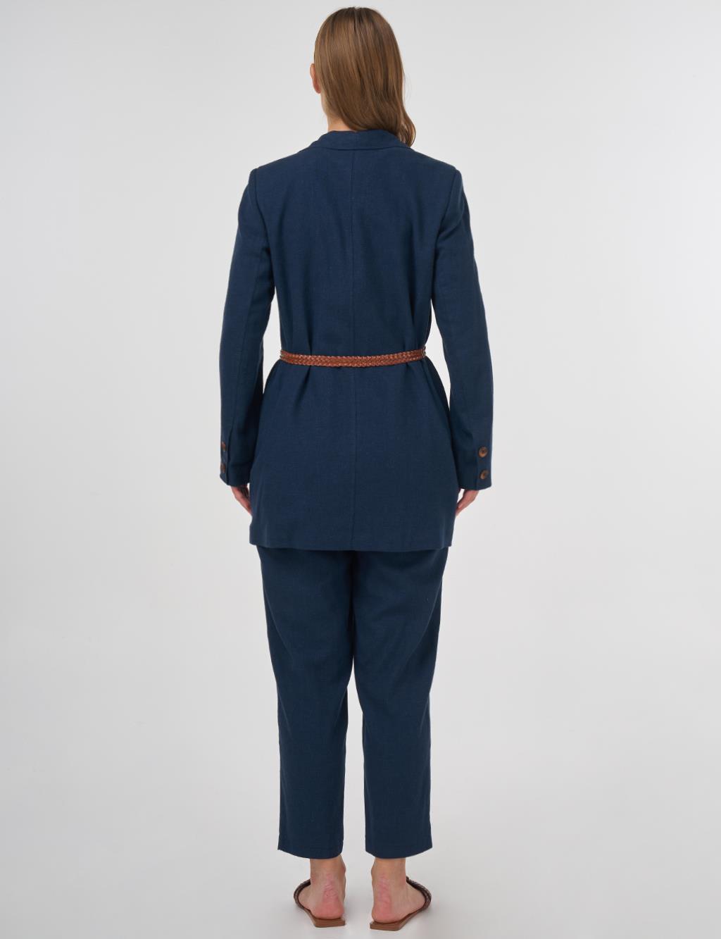 Pocket Detailed Linen-Viscose Two-Piece Set Dark Navy