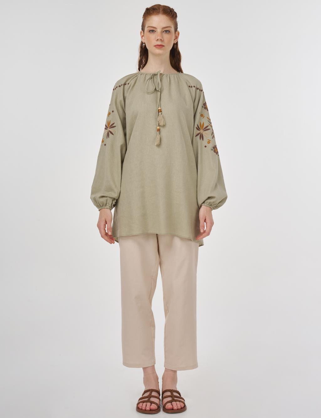 Drawstring Linen Viscose Blouse Mold Green