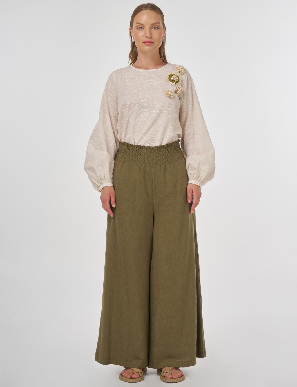 Smocked Stitch Linen-Viscose Pants Khaki 