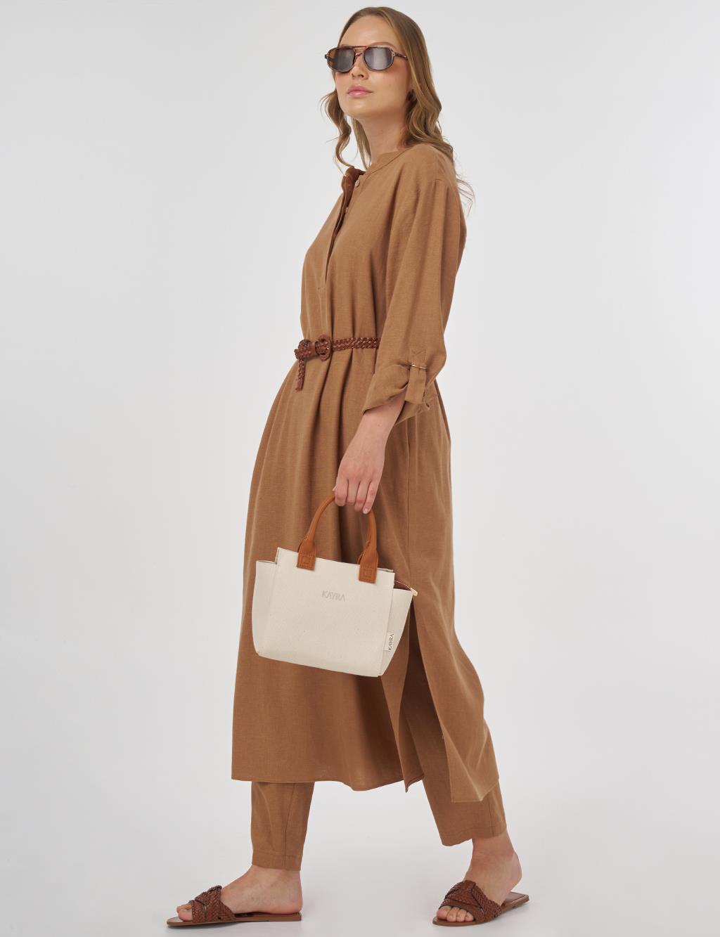 Mandarin Collar Long Linen Viscose Tunic in Camel