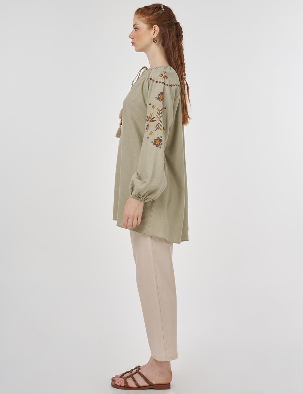 Drawstring Linen Viscose Blouse Mold Green