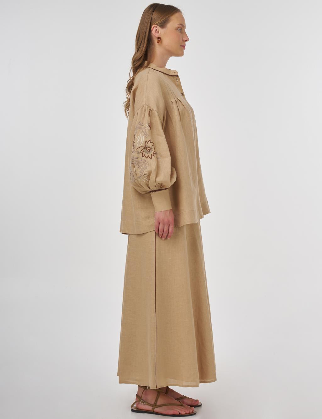 100% Linen Embroidered Two-Piece Set Beige