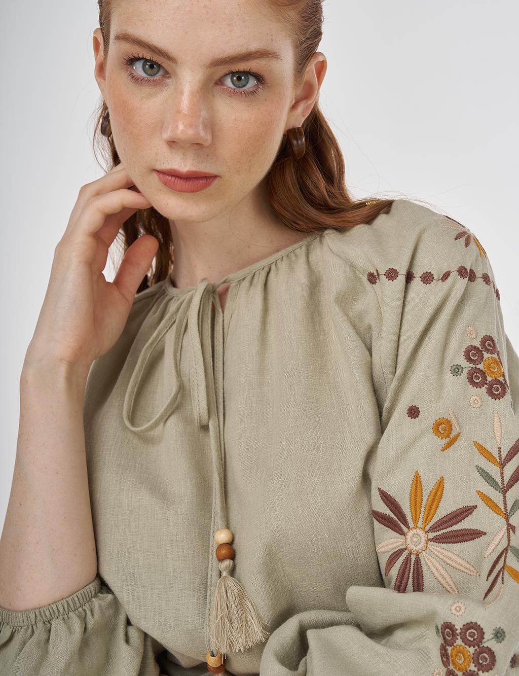Drawstring Linen Viscose Blouse Mold Green