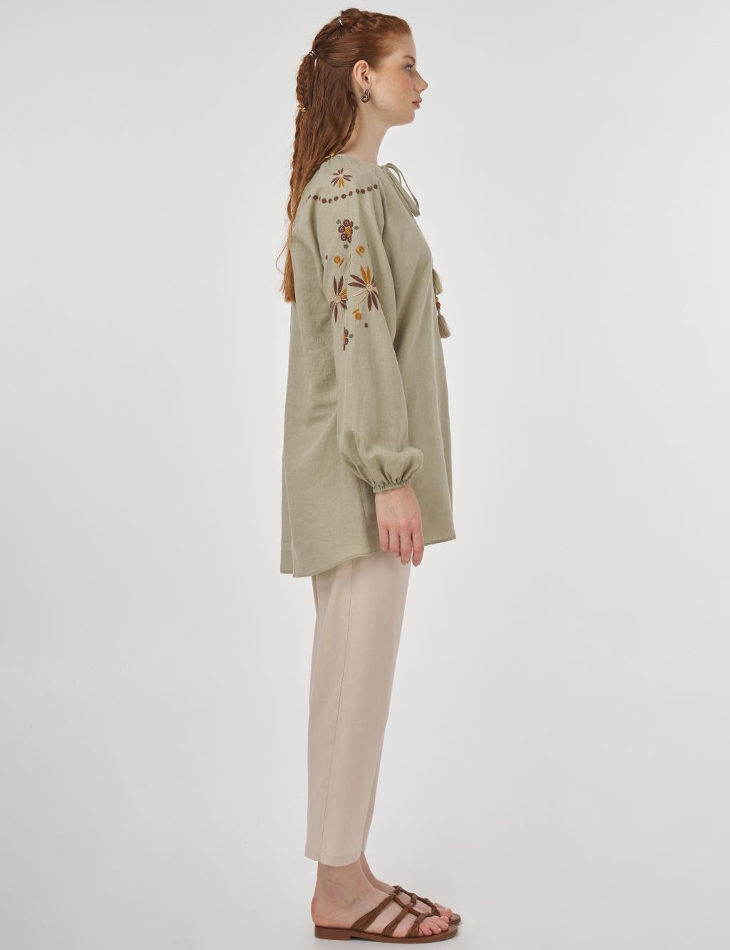 Drawstring Linen Viscose Blouse Mold Green