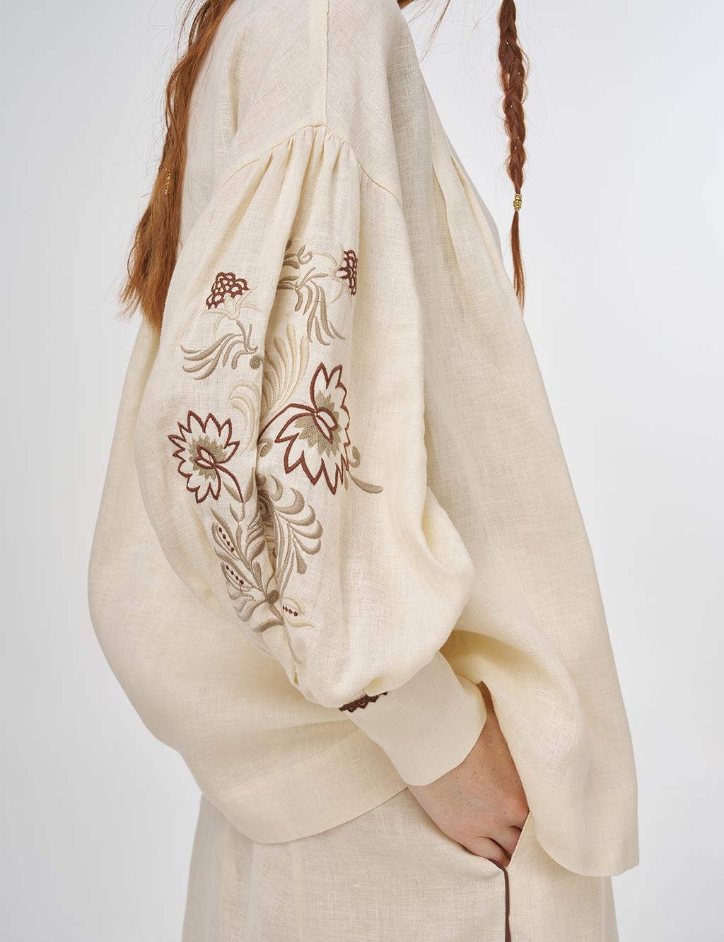 100% Linen Embroidered Two-Piece Set Cream
