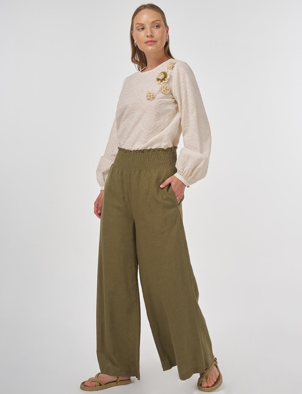 Smocked Stitch Linen-Viscose Pants Khaki 