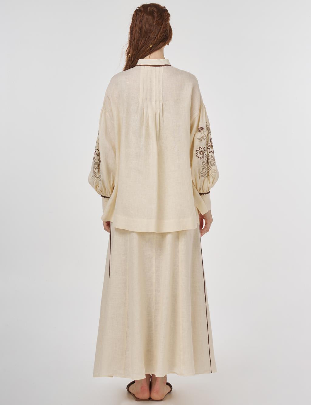 100% Linen Embroidered Two-Piece Set Cream