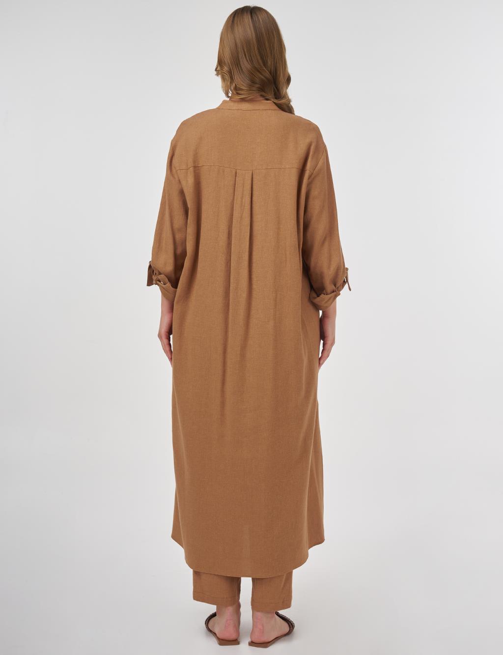 Mandarin Collar Long Linen Viscose Tunic in Camel