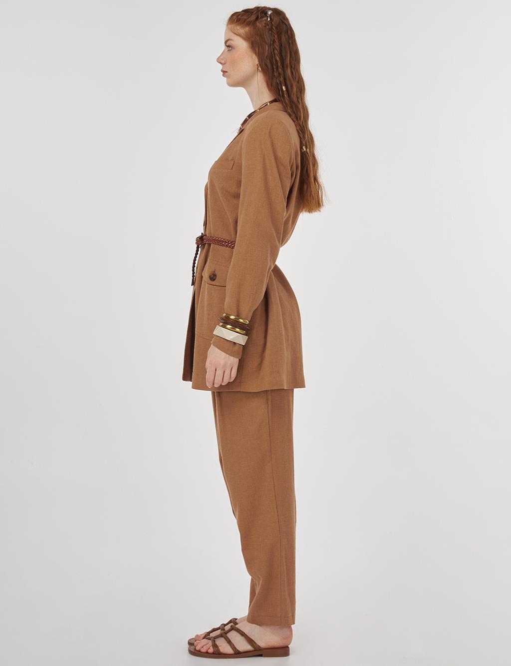 Pocket Detailed Linen-Viscose Two-Piece Set Camel