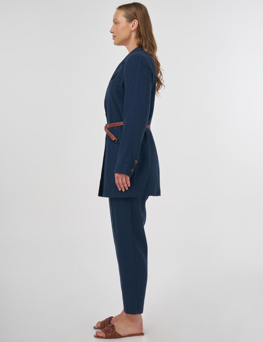 Pocket Detailed Linen-Viscose Two-Piece Set Dark Navy